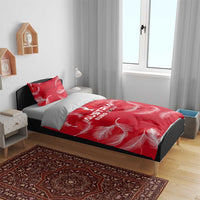 Red duvet cover and pillowcases with AUSTRIA EURO 2024 logo and white feather print