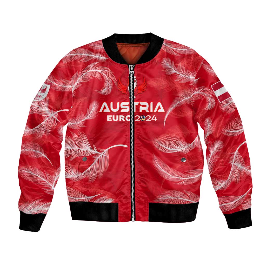 Red bomber jacket with white feather print, front zipper, AUSTRIA EURO 2024 text