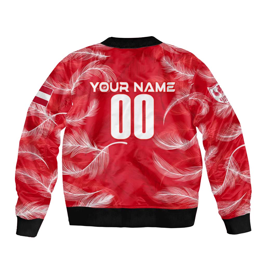 Red bomber jacket with feather pattern, 'YOUR NAME' and #00 on back