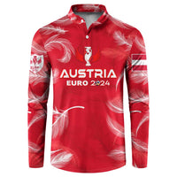 Personalized red Austria football button sweatshirt with feather pattern and EURO 2024 trophy crest