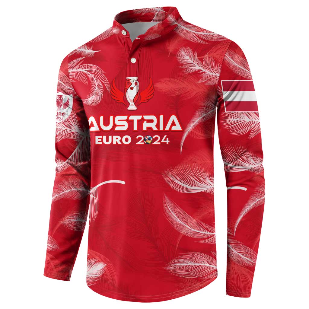 Personalized red Austria football button sweatshirt with feather pattern and AUSTRIA EURO 2024 print