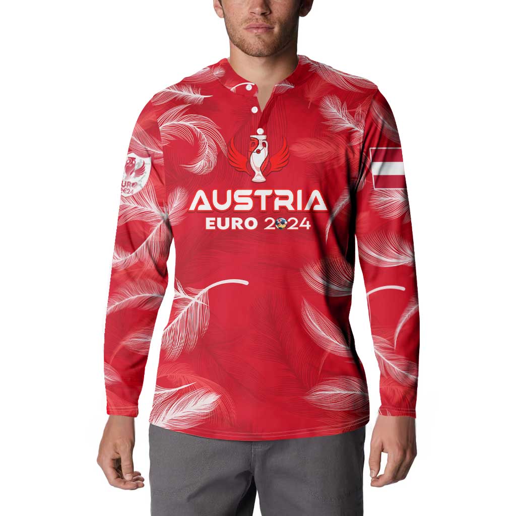 Personalized red Austria football button sweatshirt with feather graphic and EURO 2024 logo
