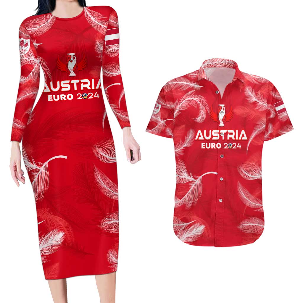 Personalized Austria Football 2024 Couples Matching Long Sleeve Bodycon Dress and Hawaiian Shirt Trophy Wing Style - Wonder Print Shop