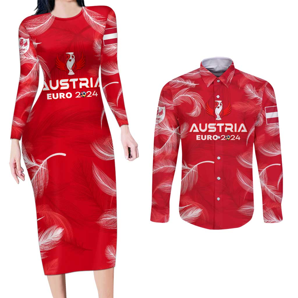 Personalized Austria Football 2024 Couples Matching Long Sleeve Bodycon Dress and Long Sleeve Button Shirt Trophy Wing Style - Wonder Print Shop