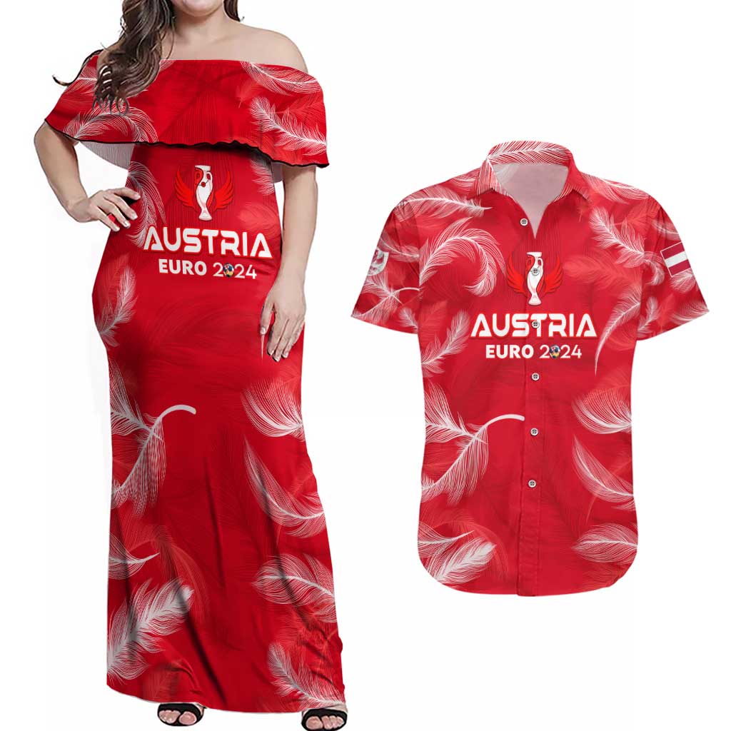 Personalized Austria Football 2024 Couples Matching Off Shoulder Maxi Dress and Hawaiian Shirt Trophy Wing Style - Wonder Print Shop