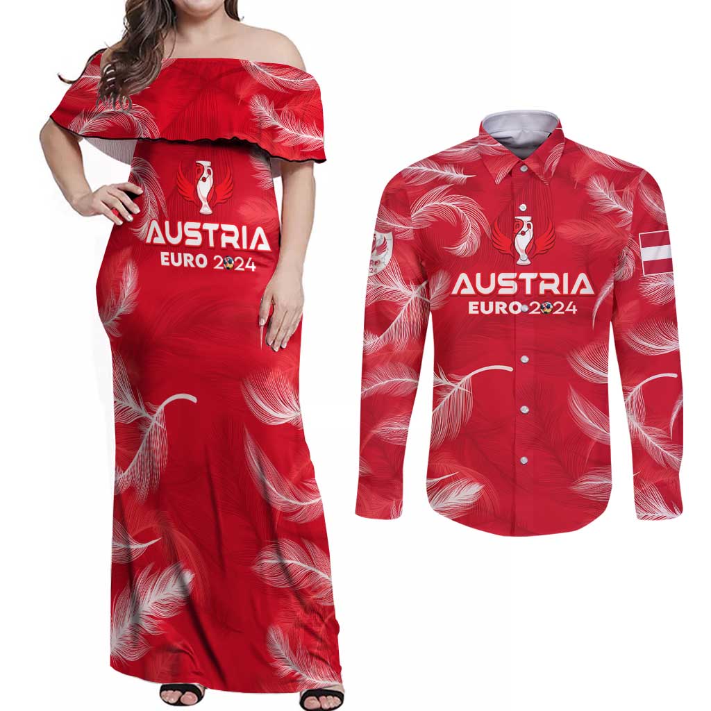 Personalized Austria Football 2024 Couples Matching Off Shoulder Maxi Dress and Long Sleeve Button Shirt Trophy Wing Style - Wonder Print Shop