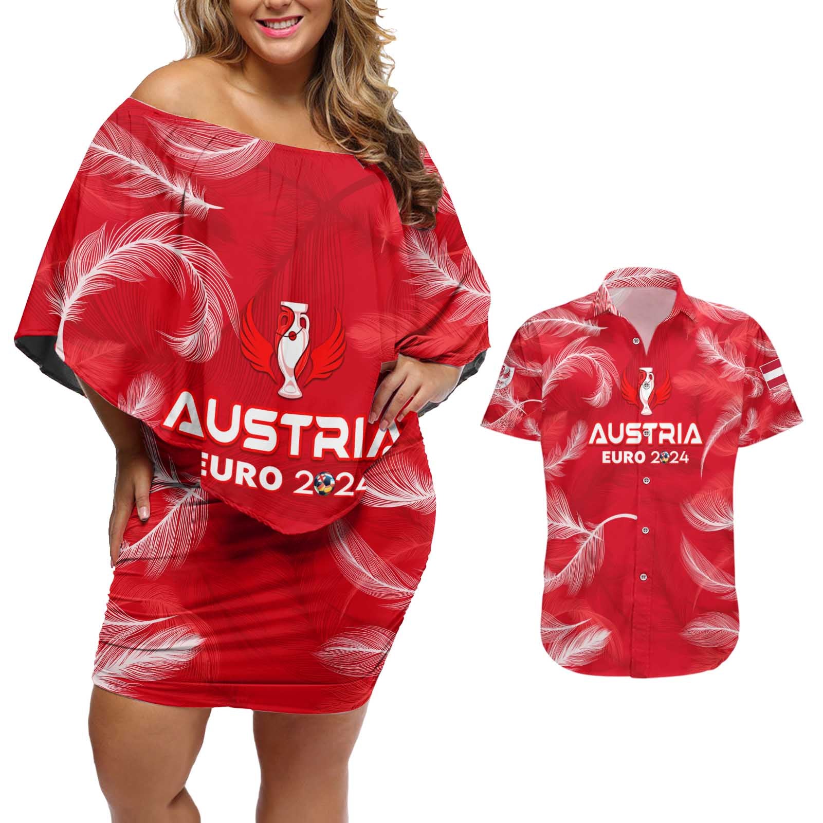 Personalized Austria Football 2024 Couples Matching Off Shoulder Short Dress and Hawaiian Shirt Trophy Wing Style - Wonder Print Shop