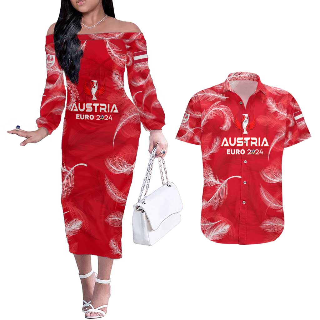 Personalized Austria Football 2024 Couples Matching Off The Shoulder Long Sleeve Dress and Hawaiian Shirt Trophy Wing Style - Wonder Print Shop