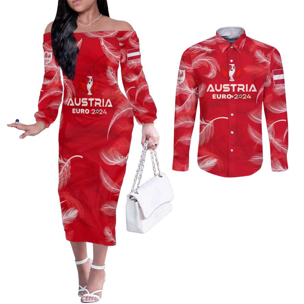 Personalized Austria Football 2024 Couples Matching Off The Shoulder Long Sleeve Dress and Long Sleeve Button Shirt Trophy Wing Style