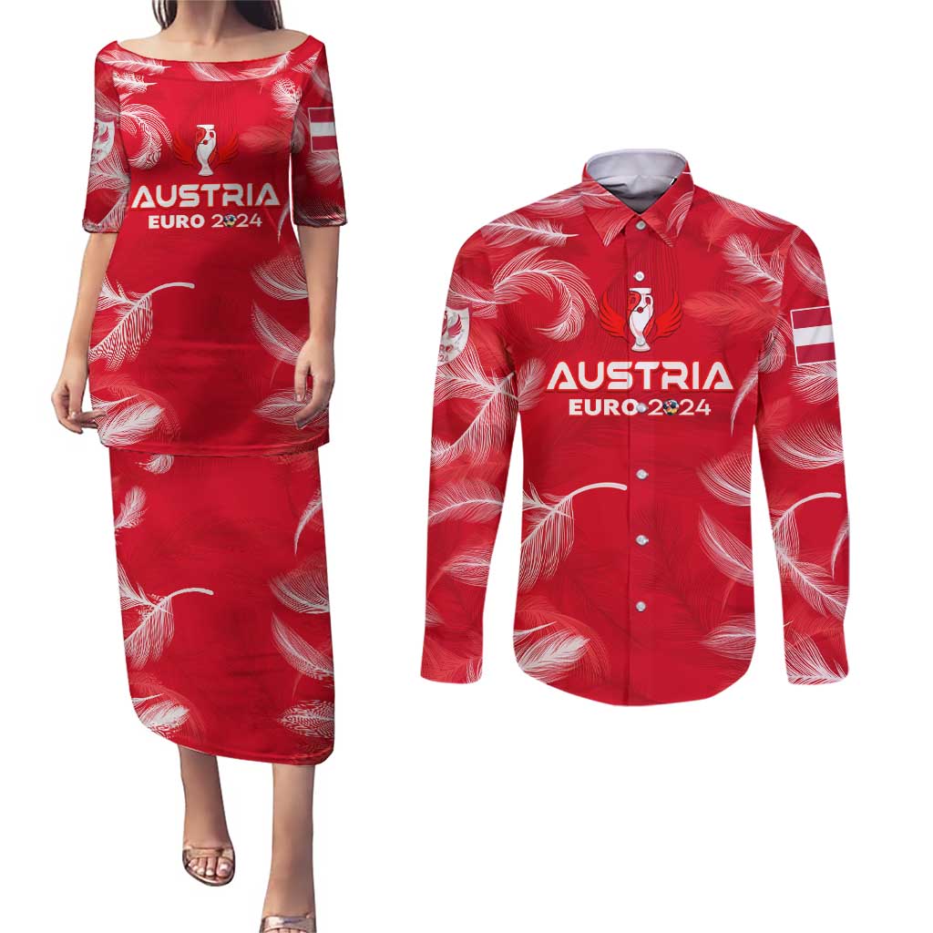 Personalized Austria Football 2024 Couples Matching Puletasi and Long Sleeve Button Shirt Trophy Wing Style - Wonder Print Shop