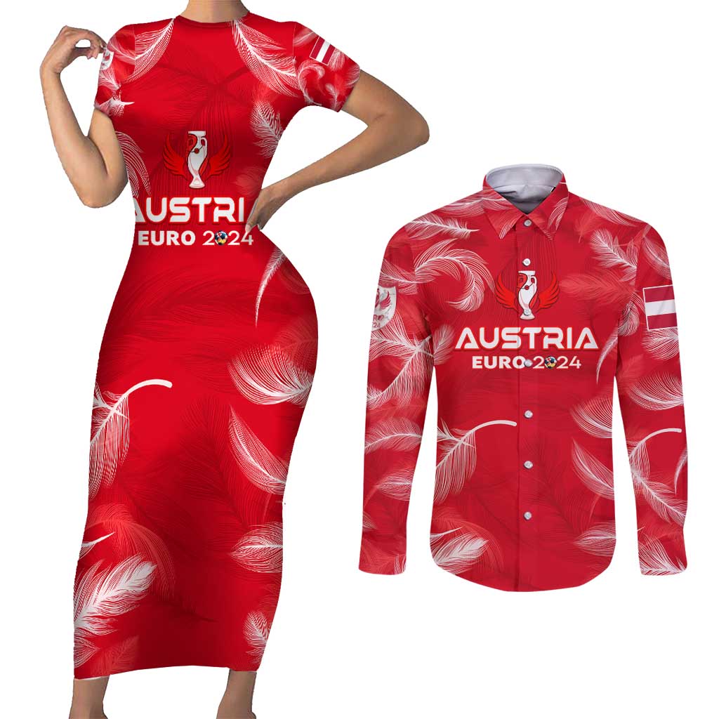 Personalized Austria Football 2024 Couples Matching Short Sleeve Bodycon Dress and Long Sleeve Button Shirt Trophy Wing Style - Wonder Print Shop