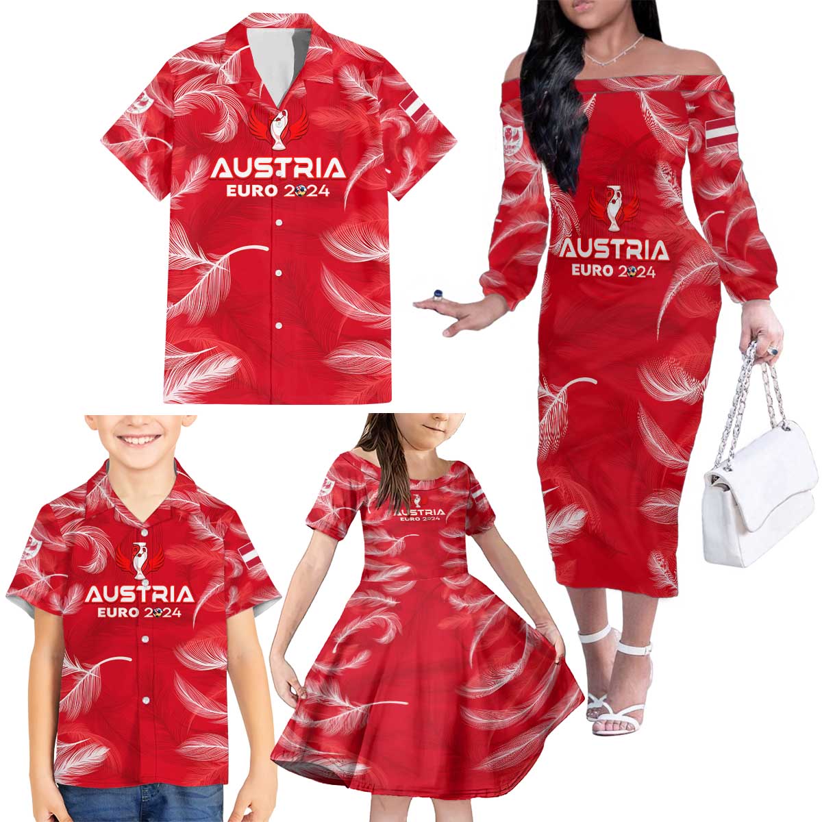 Personalized Austria Football 2024 Family Matching Off The Shoulder Long Sleeve Dress and Hawaiian Shirt Trophy Wing Style - Wonder Print Shop