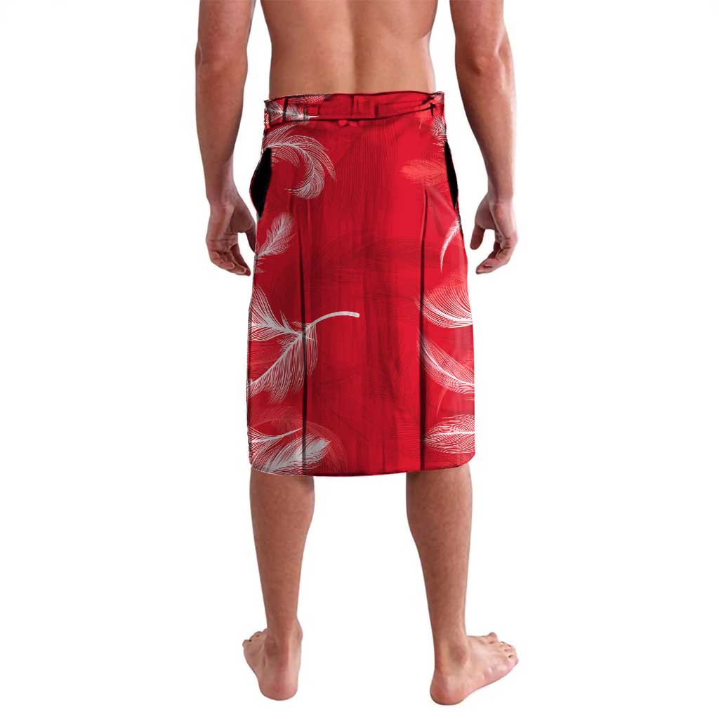 Red sarong-style wrap skirt with white feather wing print, elastic waistband