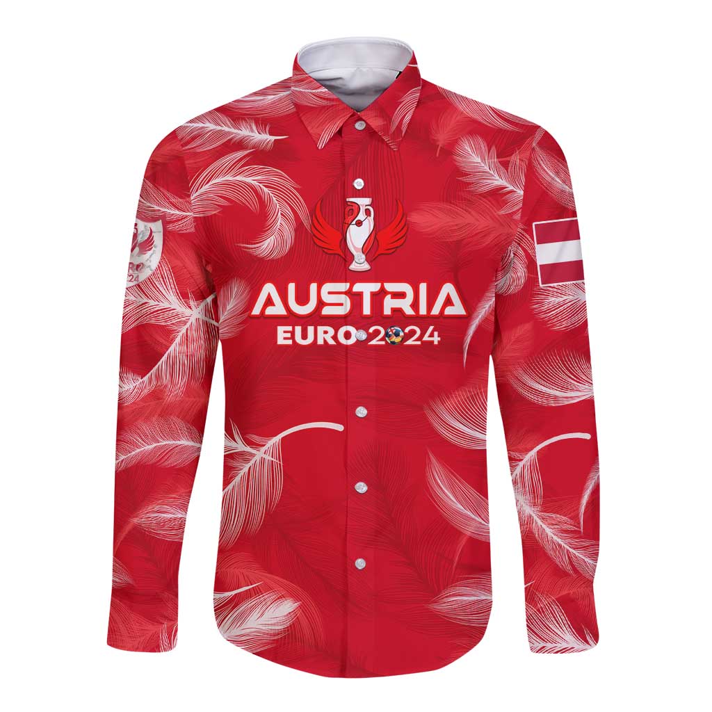 Red long-sleeve button shirt with AUSTRIA EURO 2024 front graphic and palm print