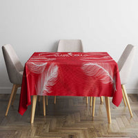 Red Austria 2024 tablecloth with white feather design on round tabletop