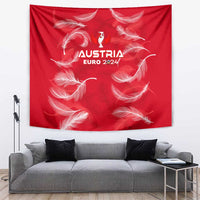 Red wall tapestry with white feather pattern and Austria Euro 2024 emblem