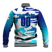 Blue and white baseball jacket, ribbed collar and cuffs, back graphic with name and 00