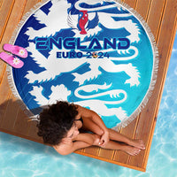 Round blue-and-white England beach blanket with fringe edge, lion and EURO 2024 print