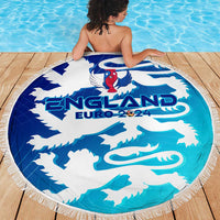 Round blue-and-white England beach blanket with fringe edge, lion and EURO 2024 print