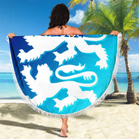 Round blue-and-white England beach blanket with fringe edge, lion and EURO 2024 print