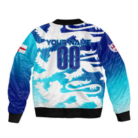Personalized blue camo bomber jacket with full zip, ribbed cuffs, name and number 00