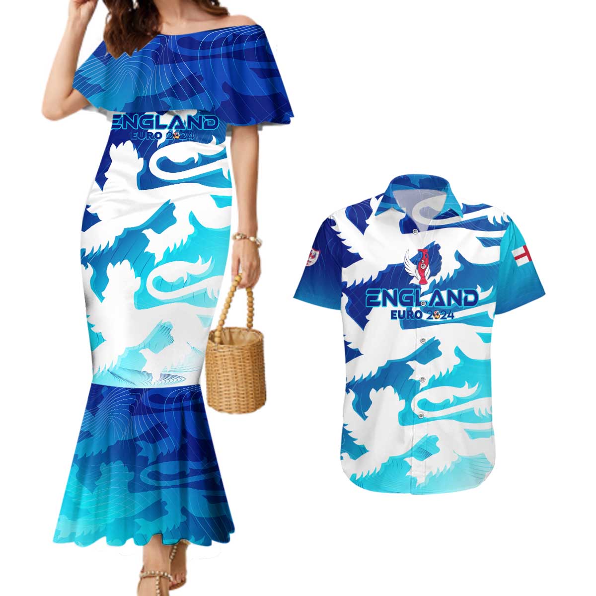 Personalized England Football 2024 Couples Matching Mermaid Dress and Hawaiian Shirt Trophy Wing Style - Wonder Print Shop