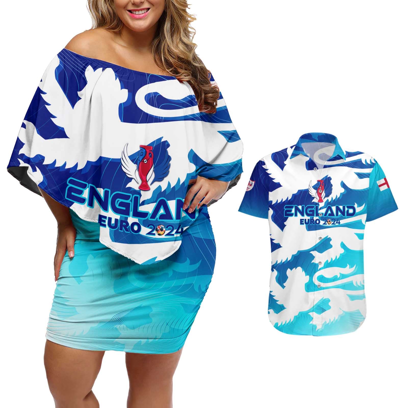 Personalized England Football 2024 Couples Matching Off Shoulder Short Dress and Hawaiian Shirt Trophy Wing Style - Wonder Print Shop