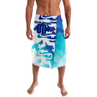 Blue, white, and teal graphic shorts with elastic waistband, knee length