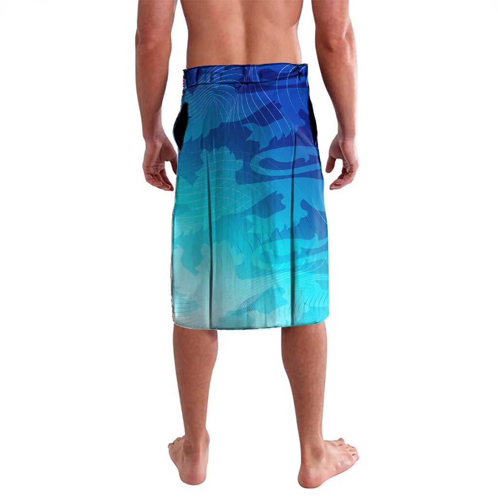 Teal-blue graphic shorts with elastic waistband, knee length