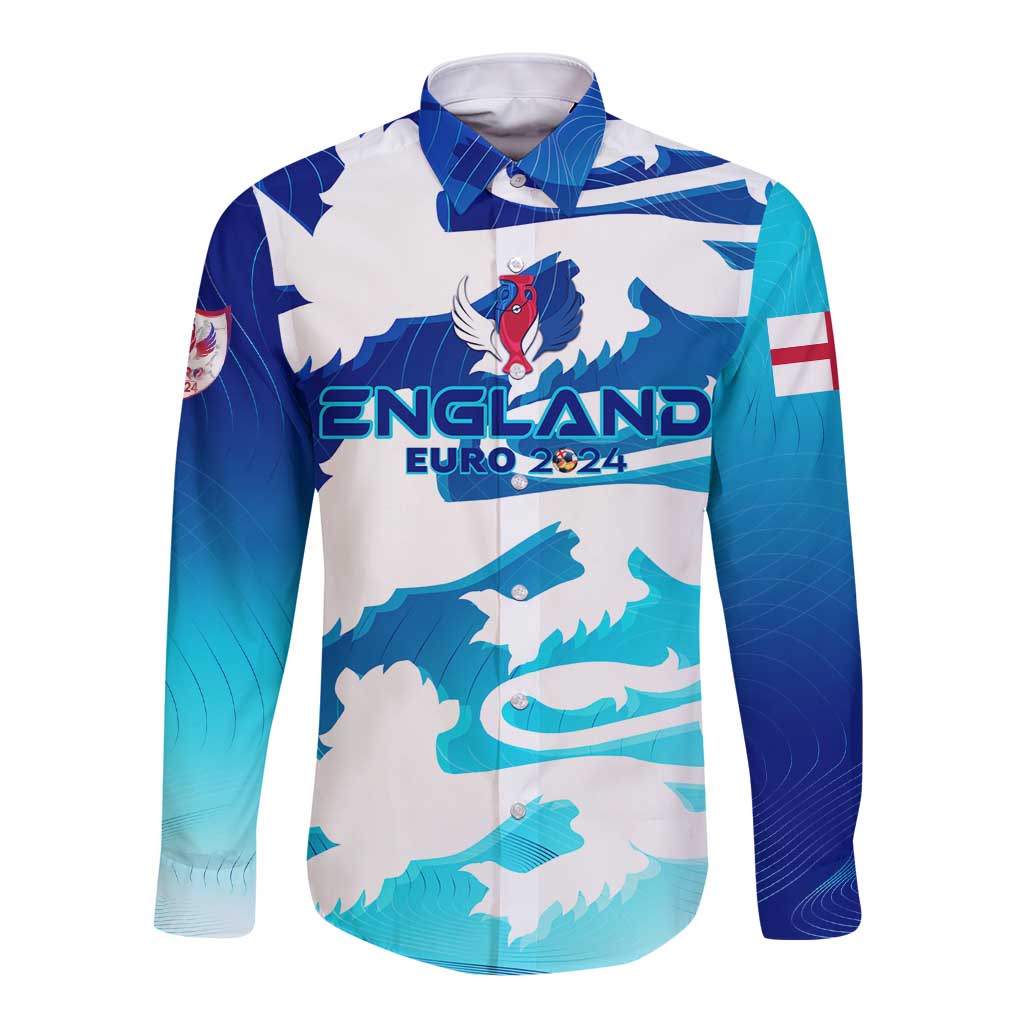 Blue long-sleeve button shirt with England Euro 2024 front graphic