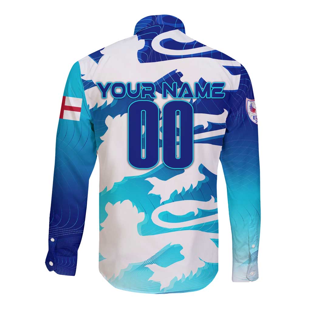 Blue long-sleeve button shirt back with YOUR NAME and number 00 graphic