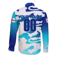 Blue long-sleeve button shirt back with YOUR NAME and number 00 graphic