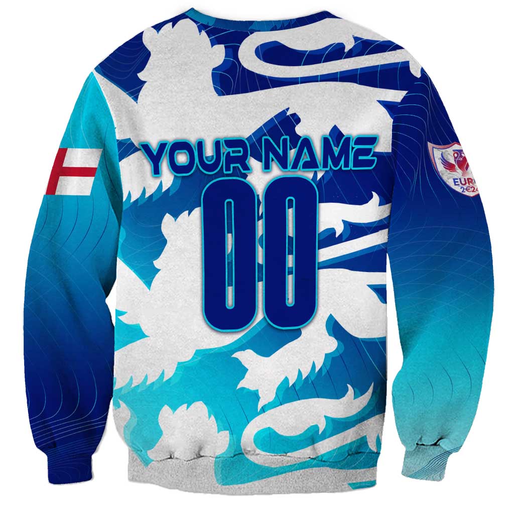 Personalized England sweatshirt, blue and white graphic with YOUR NAME and 00