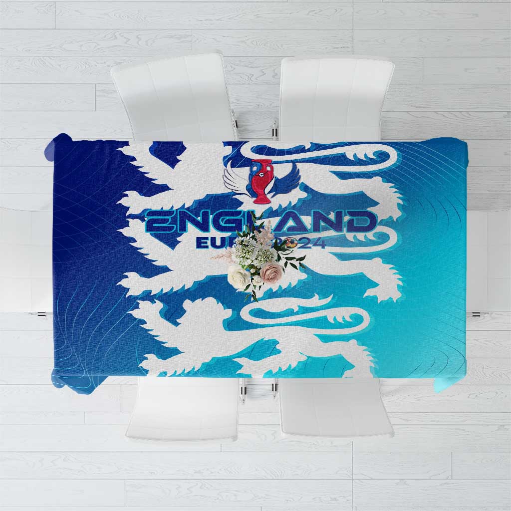 Blue England 2024 tablecloth with lion crest and decorative trophy wing design