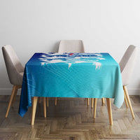 Blue England 2024 tablecloth centered on table with visible crest and wing artwork