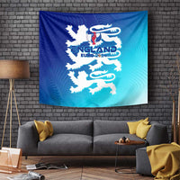 Blue wall tapestry showing England Euro 2024 lion and wing crest emblem