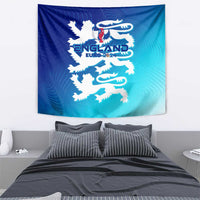 Blue England Euro 2024 tapestry with white lion and dragon-like wing design
