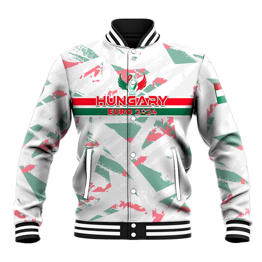 White varsity baseball jacket with ribbed collar and green/red Hungary graphic front