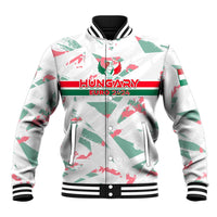 White varsity baseball jacket with ribbed collar and green/red Hungary graphic front