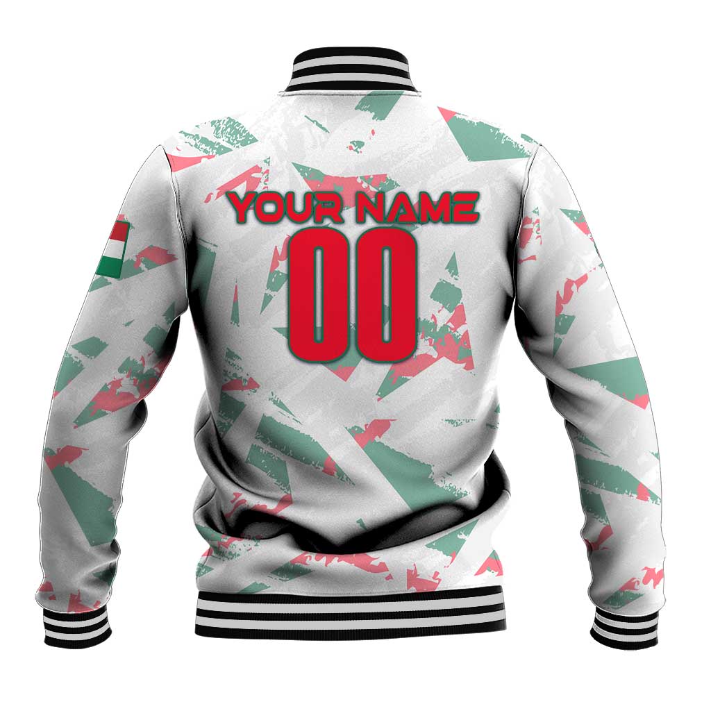 White baseball jacket with striped ribbed cuffs and personalized back name and number