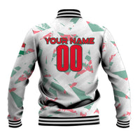White baseball jacket with striped ribbed cuffs and personalized back name and number