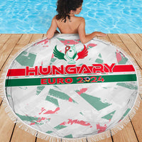 Round beach blanket with Hungary Euro 2024 logo and wing emblem, fringed border