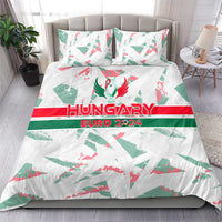 Hungary Euro 2024 bedding set on bed, white with green/red wing pattern, matching pillowcases