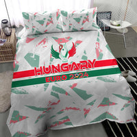 Hungary Euro 2024 bedding set close view, white duvet with green and red wing emblem, 2 pillows