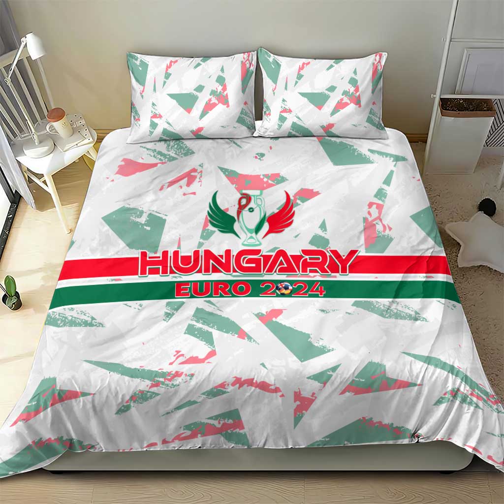 Hungary Euro 2024 bedding set on bed, white cover with green/red horizontal band and pillows