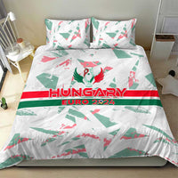 Hungary Euro 2024 bedding set on bed, white cover with green/red horizontal band and pillows