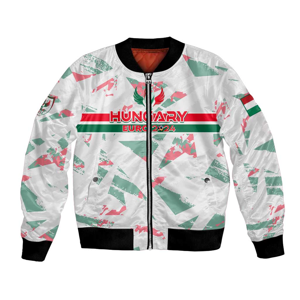 White bomber jacket with zipper front, Hungary chest graphic 'EURO 2024', ribbed cuffs
