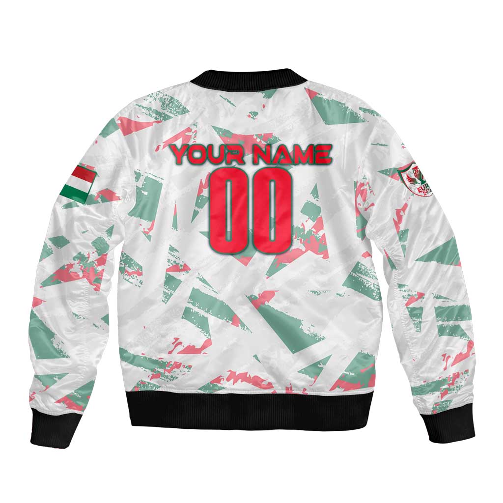 White bomber jacket with ribbed trim, back print 'YOUR NAME 00', Hungary flag pattern