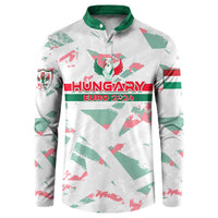 White button sweatshirt with green collar and Hungary Euro 2024 crest graphic