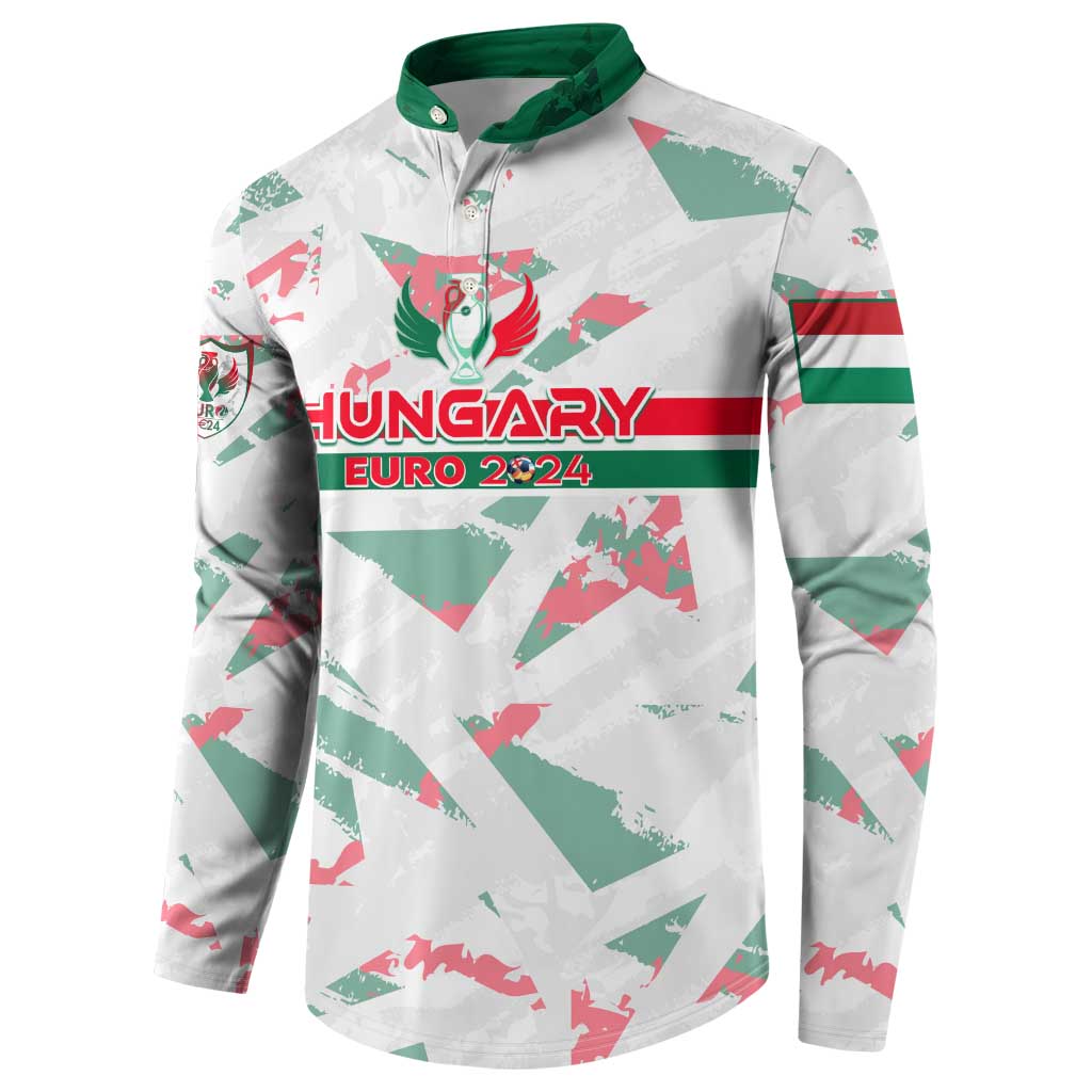 White button sweatshirt with green collar and Hungary Euro 2024 center chest print